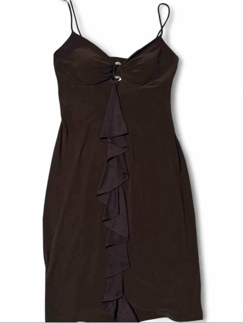 Vintage Betsy & Adam Black Ruffle-Front Spaghetti Strap Midi Dress